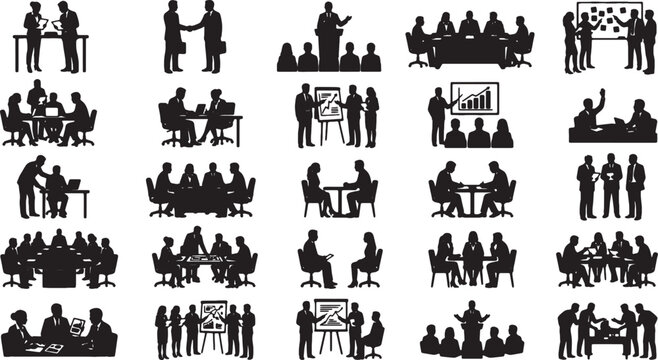 Set of black business meeting silhouettes showing teamwork and office work