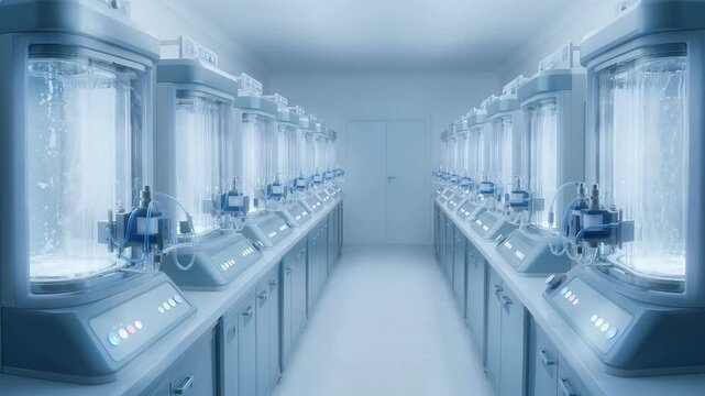 Industrial laboratory bioreactor systems in clinical research facility science medical biotech technology equipment