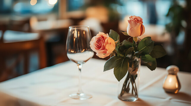 Elegantly set dining table with a delicate arrangement of pink roses and a glass, perfect for romantic dinners and special occasions.