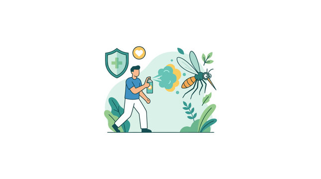 Man sprays insecticide to protect against mosquito and disease, health shield icon
