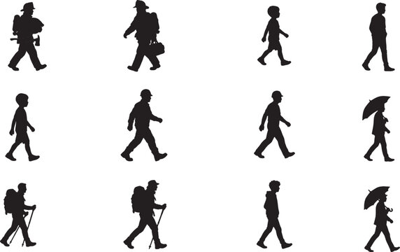 Set of black silhouettes of people walking in various daily life situations