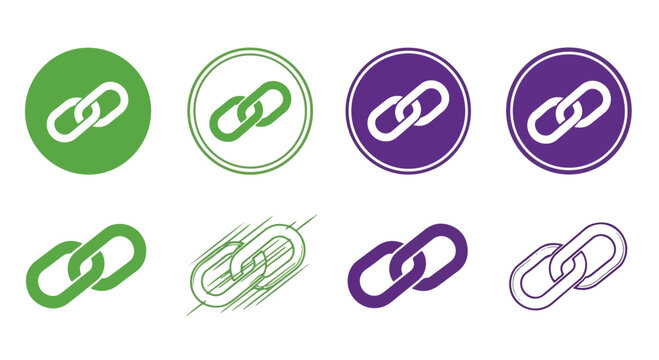 Set of colorful chain link icons in multiple styles and colors on white background.