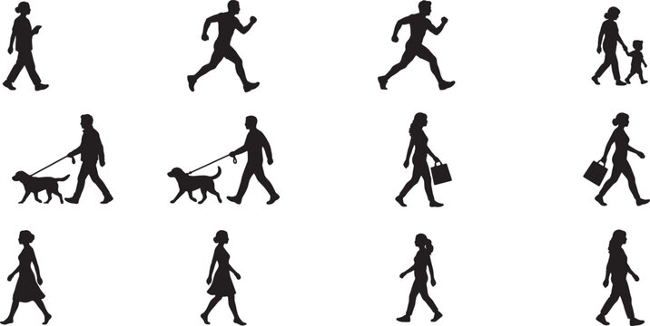 Set of black silhouettes of people walking running and walking dogs in profile