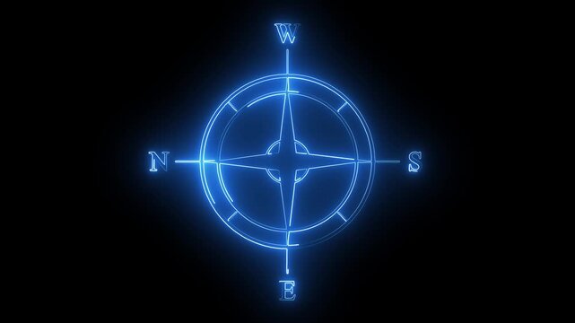 Futuristic Neon Compass Rose Animation with Glowing Navigation Direction Indicator, Digital GPS Orientation Interface, Modern Motion Graphics Background Loop in 4K Resolution.
