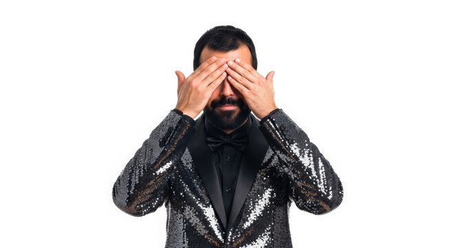 Man Covering His Eyes With Hands in Studio Shot on White Background