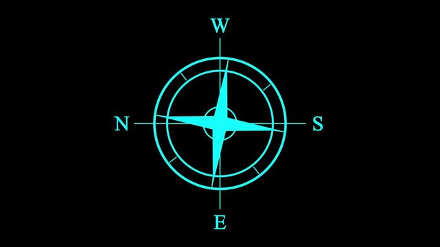 Animated Compass Rose Navigation Icon with Rotating Direction Indicator on Black Background, Digital GPS Orientation Symbol, Marine Compass Motion Graphics, Modern Location Finder Interface in 4K.
