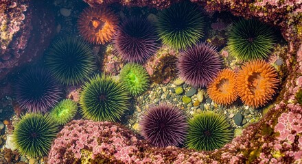 Fototapeta premium High angle view of vibrant purple, green, and orange sea urchins in a tide pool