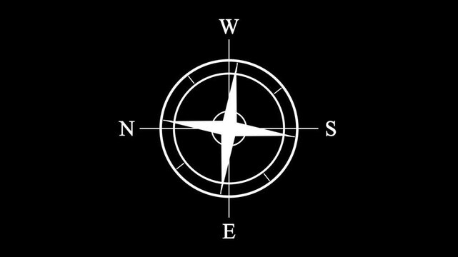 Animated Compass Rose Navigation Icon with Rotating Direction Indicator on Black Background, Digital GPS Orientation Symbol, Marine Compass Motion Graphics, Modern Location Finder Interface in 4K.