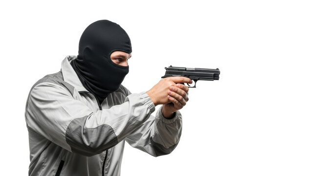 Man in Balaclava Holding Handgun Aiming Isolated on White Backdrop