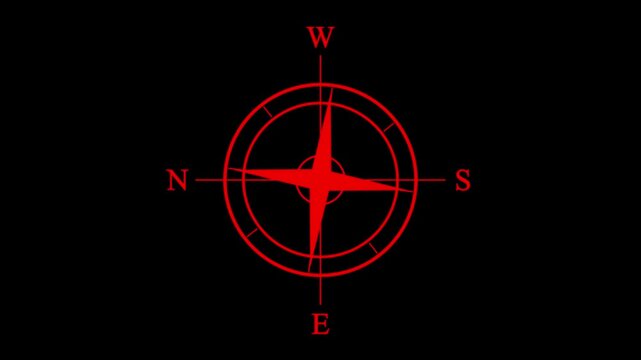 Animated Compass Rose Navigation Icon with Rotating Direction Indicator on Black Background, Digital GPS Orientation Symbol, Marine Compass Motion Graphics, Modern Location Finder Interface in 4K.