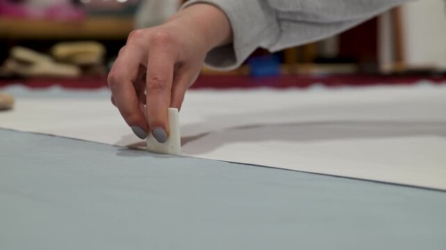 Hand gently presses white chalk on textured paper surface