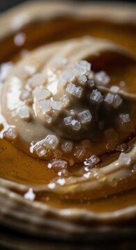 Delicious dessert with creamy caramel and sprinkled sea salt on top of smooth sauce, inviting texture and flavor combinations create a delightful indulgence for dessert lovers.