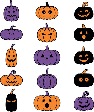 Colorful Halloween Pumpkin Jack O Lantern Faces Vector Set