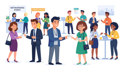 Obraz premium Diverse professionals networking and exchanging business cards at a conference event with connect and grow banner