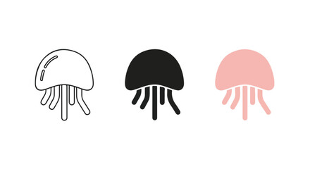 Three minimalist jellyfish icons in white, black, and pink with flowing tentacles.