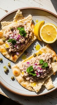 Tuna salad on crisp flatbreads with fresh lemon and herbs. Tuna salad features savory ingredients, including red onion and capers, garnished with cilantro leaves.