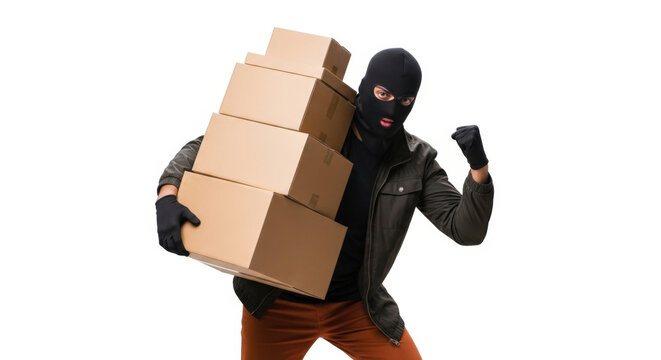 Masked Burglar Carries Boxes With Victory: Represents Successful Theft and Delivery