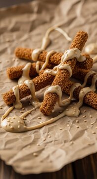 Crispy fried snacks with tahini drizzle on rustic paper background. Crispy snacks are served with special sauce, highlighting crunchy texture and savory flavors.