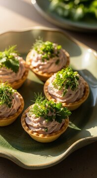 Savory tartlets filled with creamy mixture topped with fresh herbs on elegant plate. Delightful tartlets feature rich filling and vibrant greens, ideal for appetizers or party snacks.