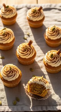 Delicious pumpkin cupcakes with cream frosting and cinnamon sticks arranged on linen fabric, showing cut cupcake with pumpkin filling. Vibrant pumpkin cupcakes ideal for fall celebrations,