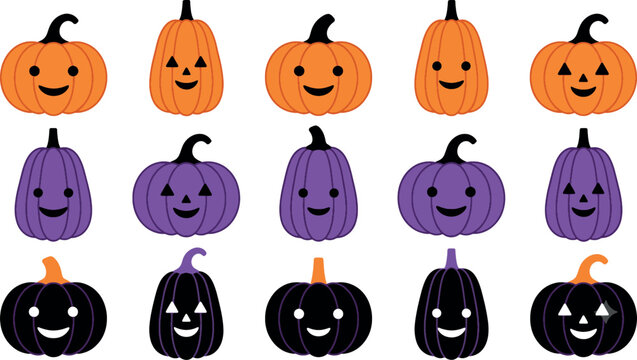 Cute Halloween Pumpkin Set with Orange Purple and Black Jack O Lanterns