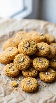 Delicious cookies with sunflower seeds piled on textured parchment paper, showcasing golden-brown color and inviting appearance. Cookies offer wholesome ingredients and unique texture,