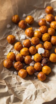 Crispy roasted chickpeas with sea salt on crumpled parchment paper. Roasted chickpeas are garnished with rock salt, creating a savory snack. Perfect for healthy eating and quick bites.