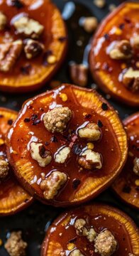 Delicious sweet potato slices topped with crunchy nuts and syrup. Sweet potato dish includes roasted slices drizzled with caramel sauce and sprinkled with walnuts.