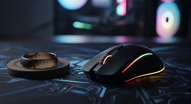 Modern Gaming Setup Featuring Ergonomic Wireless RGB Computer Mouse
