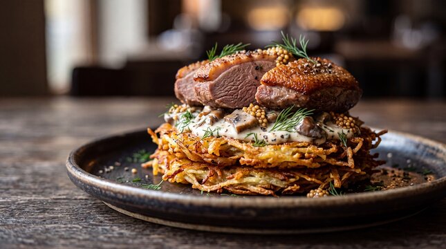 Belarusian Draniki dish with crispy potato pancakes and roasted duck slices inside luxury fine dining