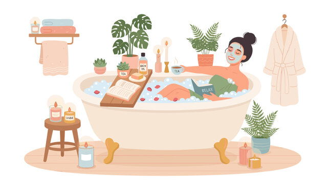 Woman Relaxing in Bubble Bath with Book and Tea Enjoying a Spa Day at Home