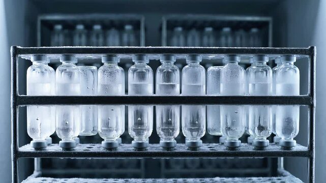 Rows of cold vaccine glass vials on a metal shelf inside a deep freeze industrial storage unit medical pharmaceutical
