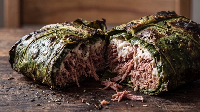 Tongan Lu Pulu dish with baked taro leaf parcel and tender corned beef fibers inside luxury fine dining