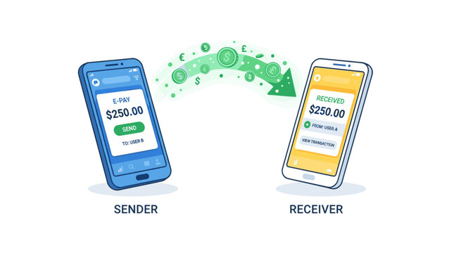Digital money transfer between two smartphones showing sender and receiver with currency symbols and transaction details
