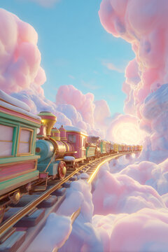 Vintage steam train passing through fluffy pastel clouds in a fantasy world