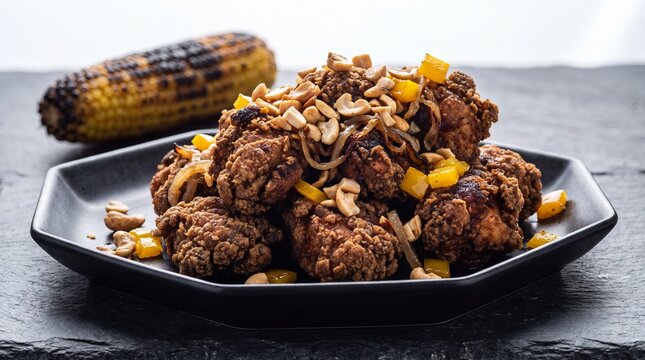 Floridian crispy fried chicken dish with toasted cashew nuts and grilled corn cob inside modern commercial food styling
