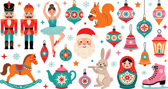Christmas elements collection flat vector illustration with nutcracker santa claus and traditional holiday decorations isolated on white background