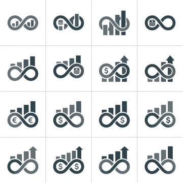 Financial infinity icons with bar graphs and currency symbols.