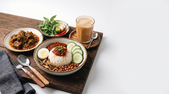 Nasi Lemak with Beef Rendang and Teh Tarik on White Background