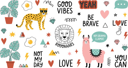 Fototapeta premium Cute funny sticker set with cartoon animals inspirational quotes and retro decorative elements vector illustration isolated on white background