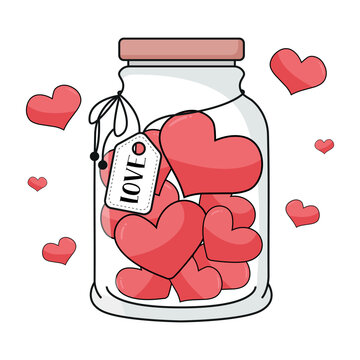 Cute doodle kawaii Love Hearts falling in Glass Jar Hand Drawn isolated clipart vector Illustration - heart bottle container sticker
