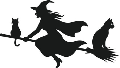 Fototapeta premium Happy halloween day silhouette of a witch flying on a broom with black cats