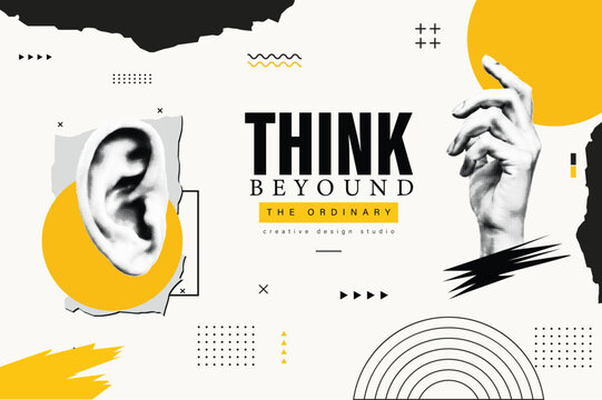 Halftone, pop art, dot, creative thinking concept with human ear and hand in abstract modern collage poster, cut-out vector illustration