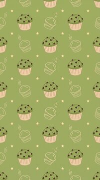 Cute matcha green tea chocolate chip muffin seamless pattern background