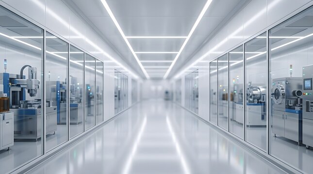 Modern Sterile Cleanroom Corridor in Pharmaceutical Manufacturing Facility with Laboratory Equipment behind Glass.