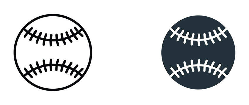 Baseball Icons: A set of two stylized baseball icons, one in a simple outline and the other as a solid dark silhouette, showcasing the classic stitching pattern of the sport.