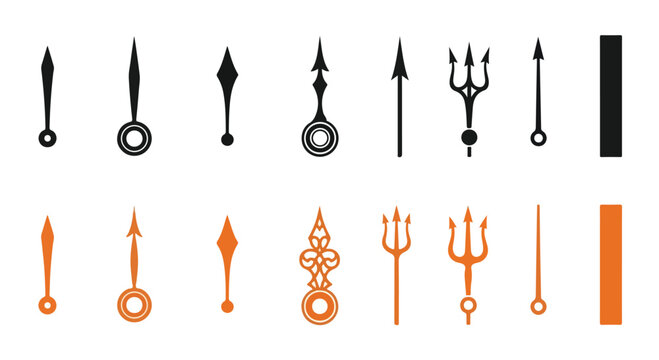 Iconographic assortment of weapon silhouettes in black and orange on white background.