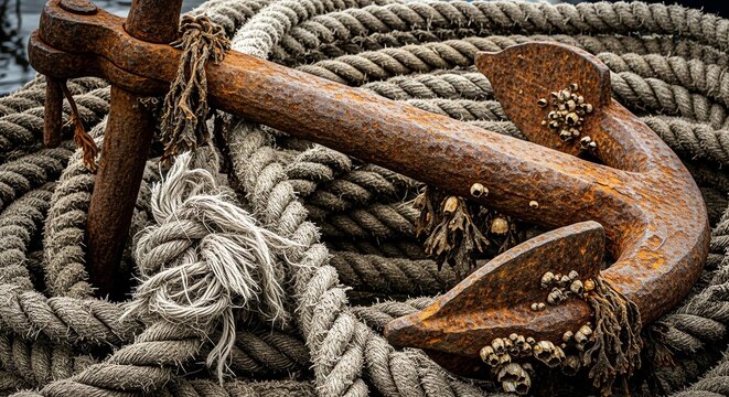 Old Rusted Metal Ship Anchor Coiled With Thick Weathered Harbor Rope