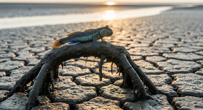Mudskipper on a tree root over cracked mud at sunset.