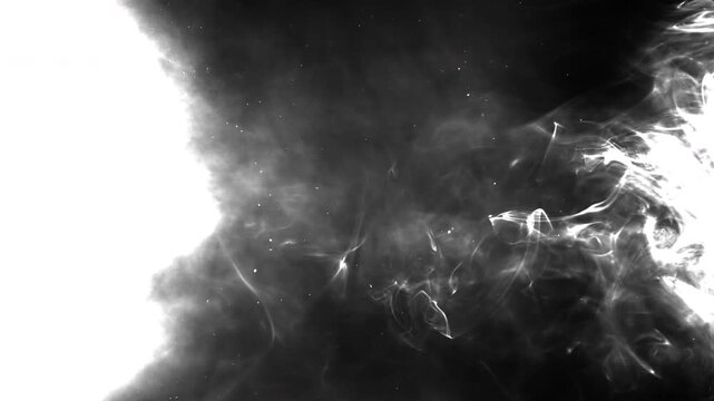 Swirling black smoke spreads from left to right over a white screen, intensifying until the frame turns completely black.